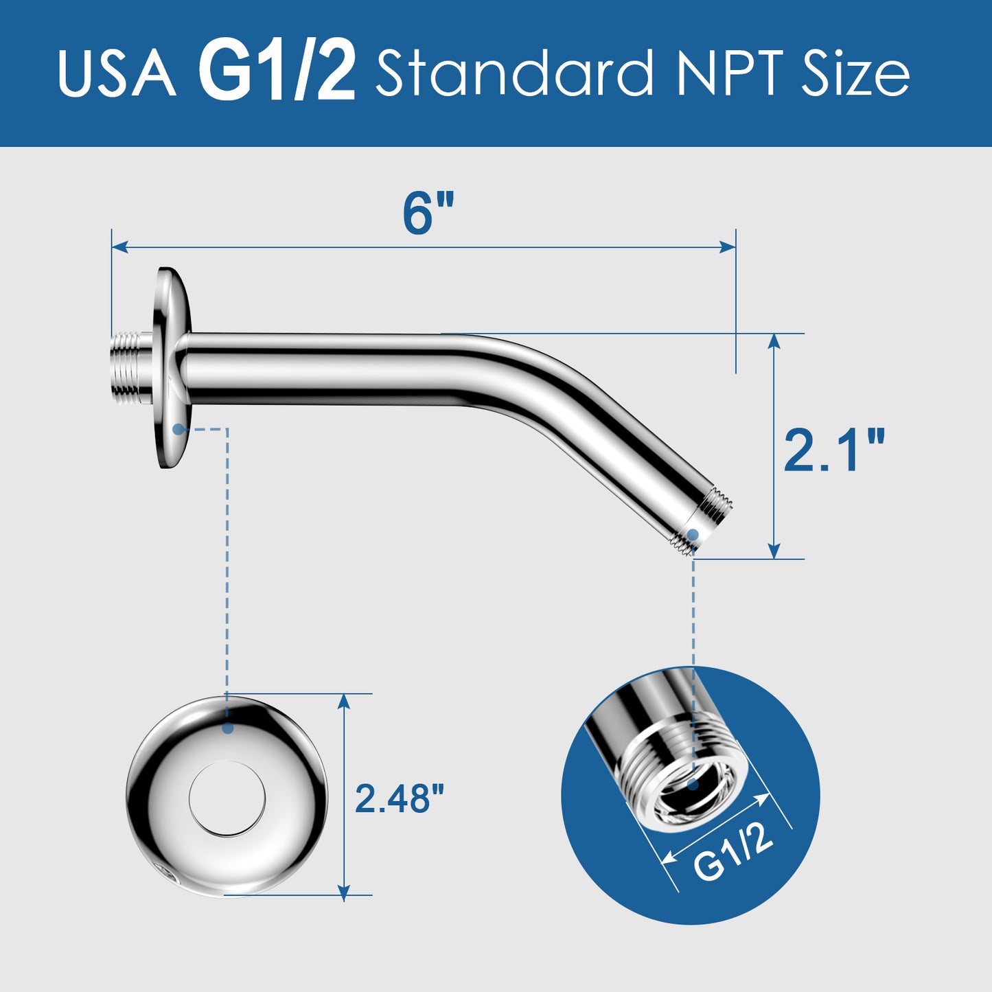 MakeFit Shower Arm, 6-Inch Universal Wall Mounted Shower Pipe Arm with Flange and Teflon Tape