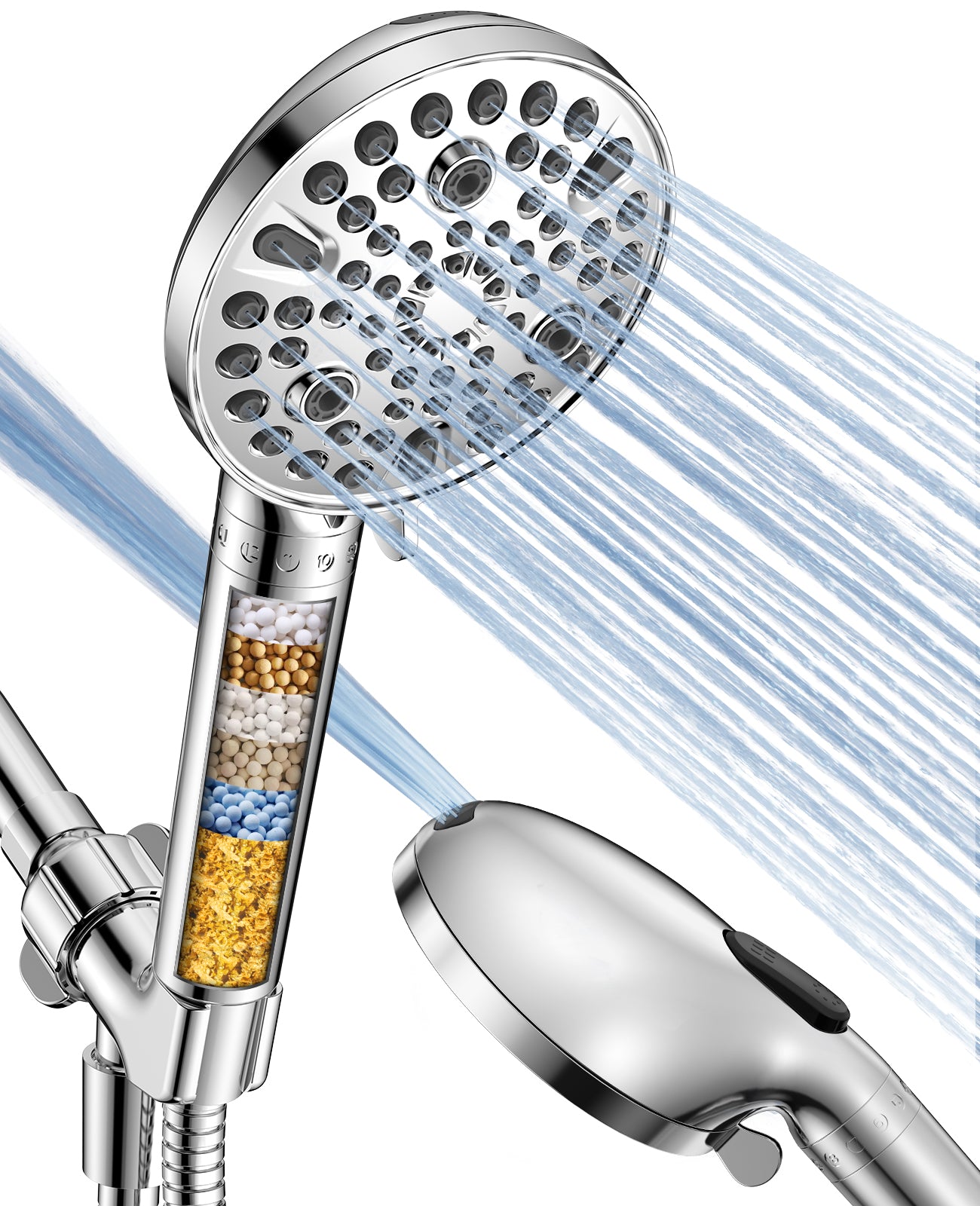 MakeFit Handheld Shower Head with Filter - High Pressure Shower Head with 10 Spray Modes, Hard Water Softener Shower Head with Hose, Bracket and Shower Filters to Remove Chlorine and Heavy Metals