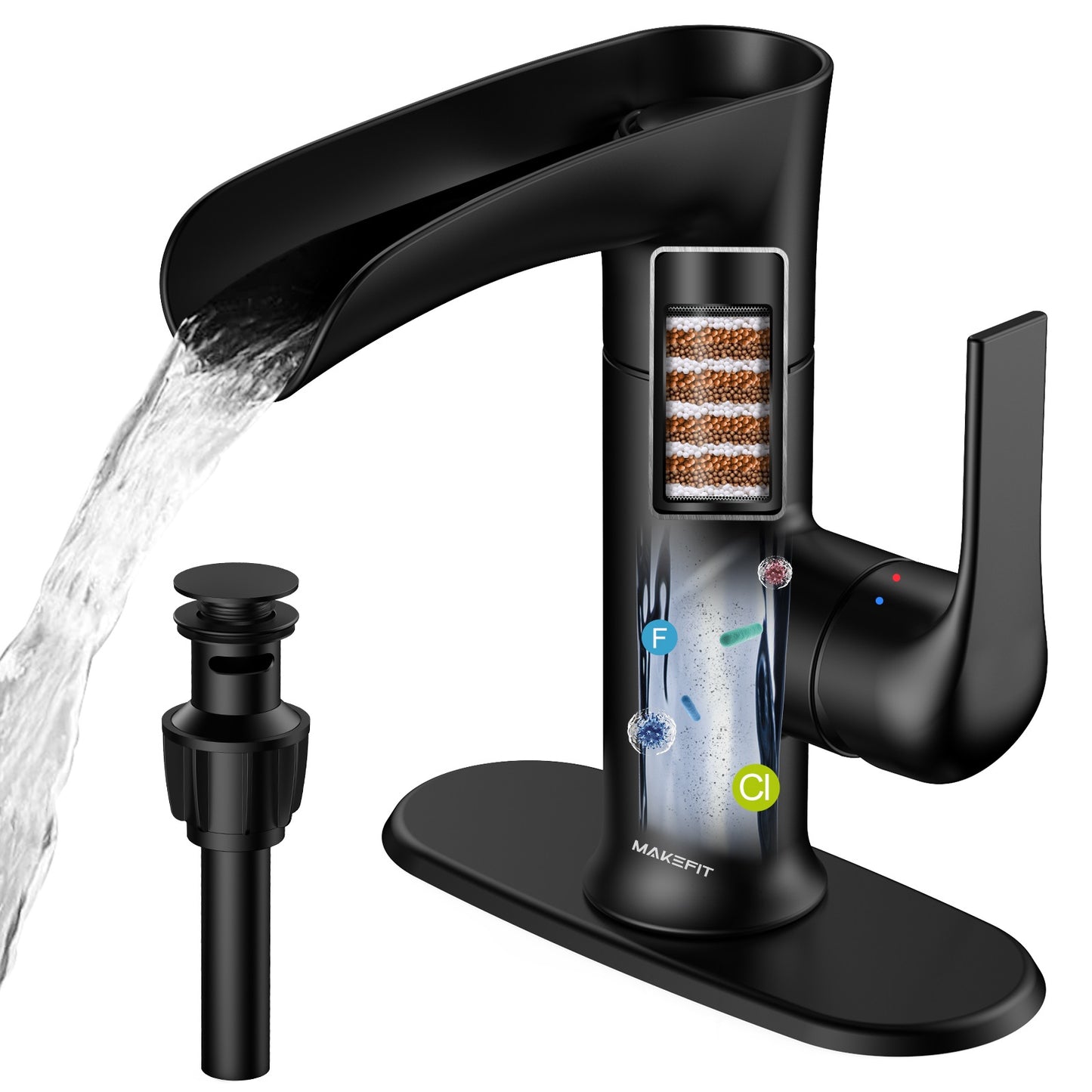 MakeFit Waterfall Bathroom Faucets with Filter, 2024 Newest Filtered Bathroom Sink Faucet, Black Vessel Faucet for Sink 1-Hole and 3-Hole, Faucet Set with Pop Up Drain Stopper, Deck Plate & 2 Hoses