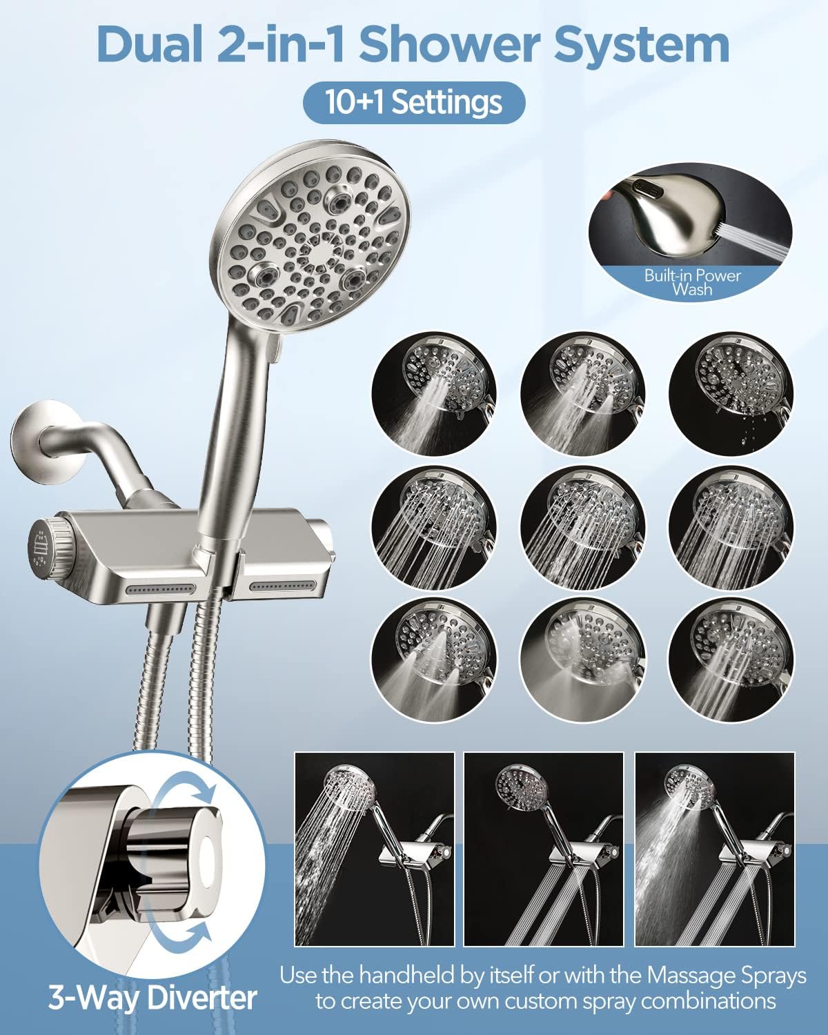 Filtered Shower Head with Handheld Combo Brushed Nickel - Dual 2-in-1 Spa System with Massage Shower Head and 10 Modes Hand Held Shower Head, High Pressure, Buit in Power Wash Mode