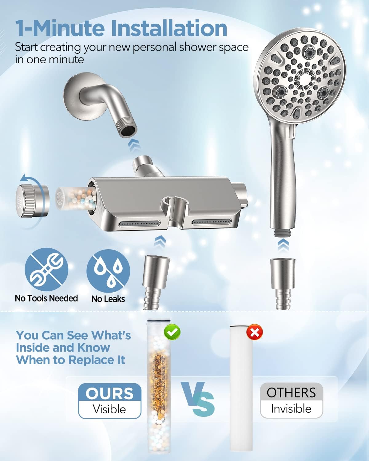 Filtered Shower Head with Handheld Combo Brushed Nickel - Dual 2-in-1 Spa System with Massage Shower Head and 10 Modes Hand Held Shower Head, High Pressure, Buit in Power Wash Mode