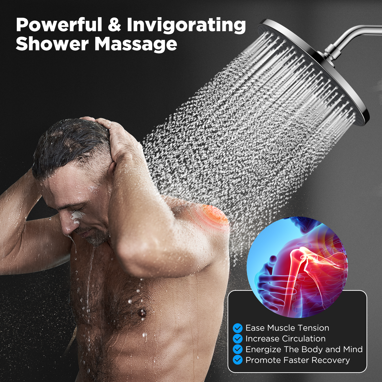 MakeFit High Pressure Rain Shower Head - Powerful Massage Shower Head - 8 Inch Round Massaging Rainfall Showerhead, Adjustable Replacement for Your Bathroom Fixed Shower Heads