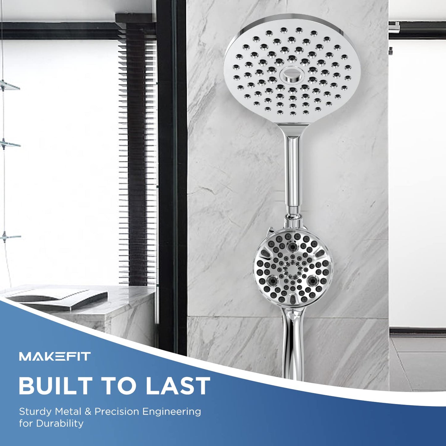 MakeFit 21-mode Dual Handheld Shower Head Combo, 2-in-1 Rain Shower Heads System 8 Inch Rainfall Shower Head and 10 Modes High Pressure Hand Held Showerhead with Built-in Power Wash
