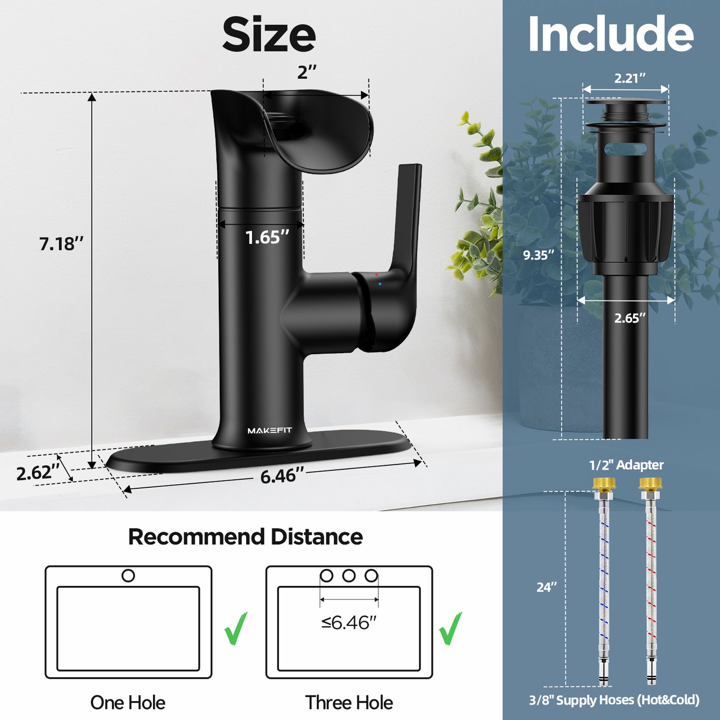 MakeFit Waterfall Bathroom Faucets with Filter, 2024 Newest Filtered Bathroom Sink Faucet, Black Vessel Faucet for Sink 1-Hole and 3-Hole, Faucet Set with Pop Up Drain Stopper, Deck Plate & 2 Hoses