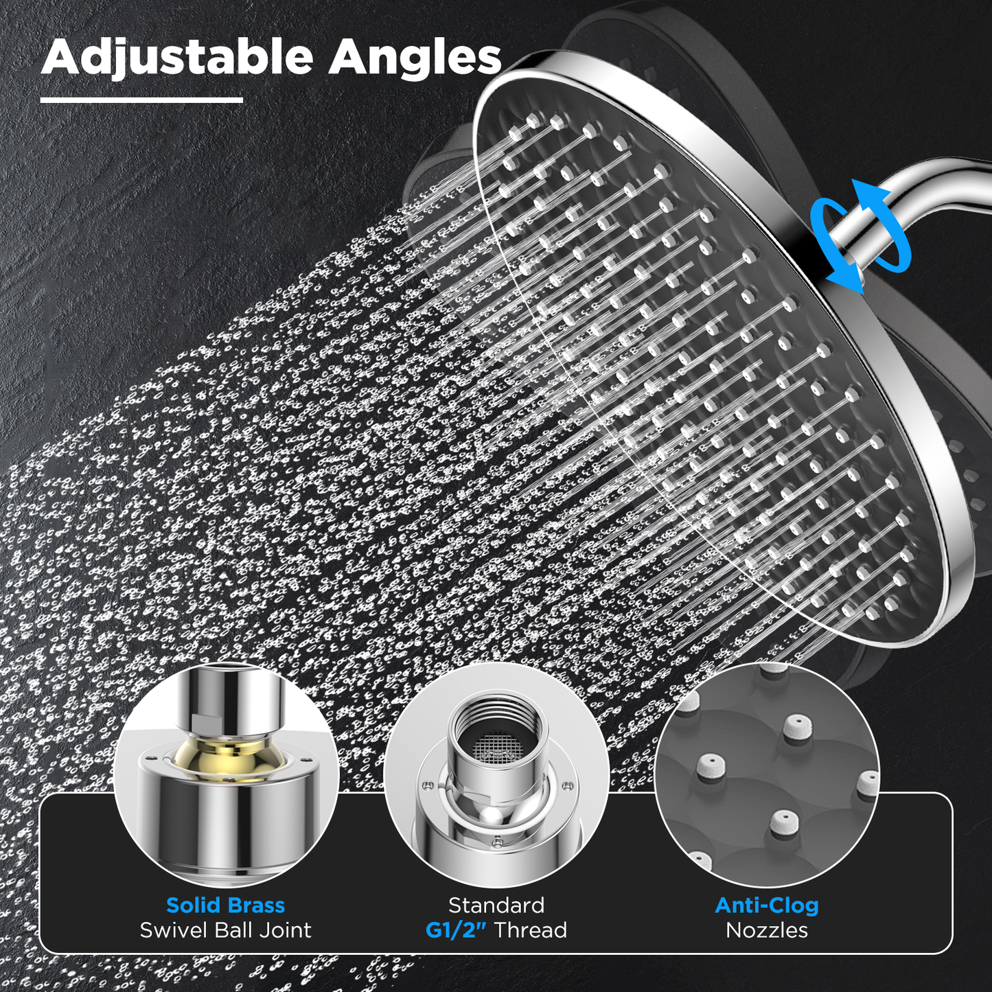 MakeFit High Pressure Rain Shower Head - Powerful Massage Shower Head - 8 Inch Round Massaging Rainfall Showerhead, Adjustable Replacement for Your Bathroom Fixed Shower Heads