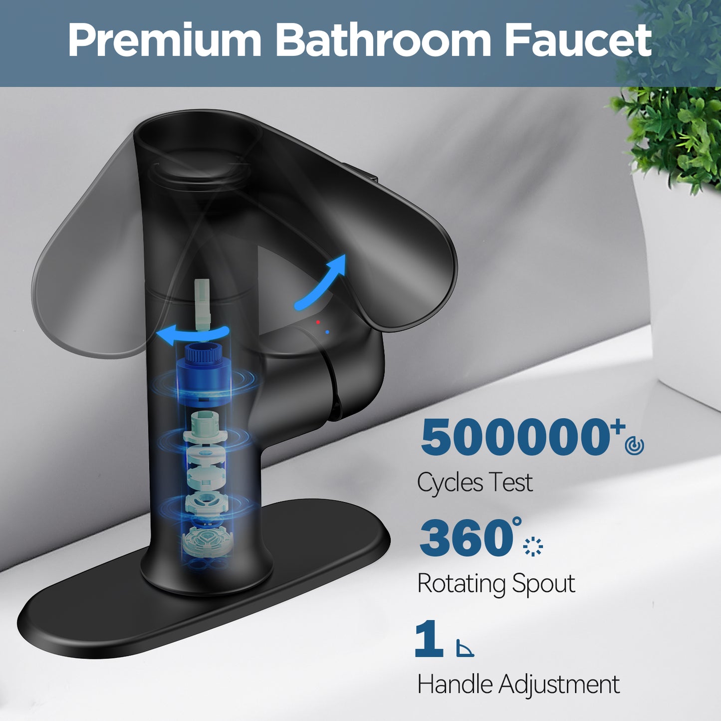 MakeFit Waterfall Bathroom Faucets with Filter, 2024 Newest Filtered Bathroom Sink Faucet, Black Vessel Faucet for Sink 1-Hole and 3-Hole, Faucet Set with Pop Up Drain Stopper, Deck Plate & 2 Hoses