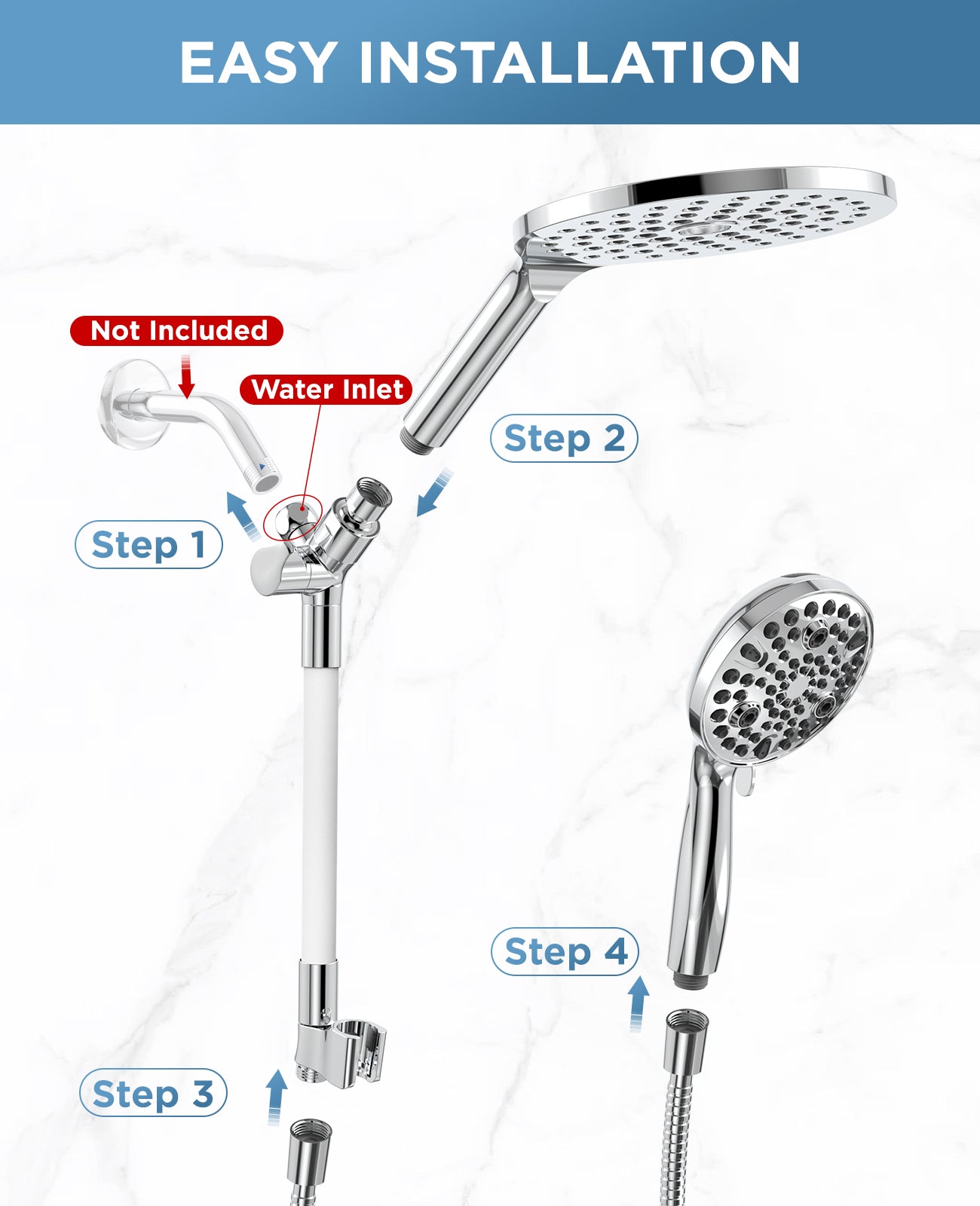 MakeFit 21-mode Dual Handheld Shower Head Combo, 2-in-1 Rain Shower Heads System 8 Inch Rainfall Shower Head and 10 Modes High Pressure Hand Held Showerhead with Built-in Power Wash
