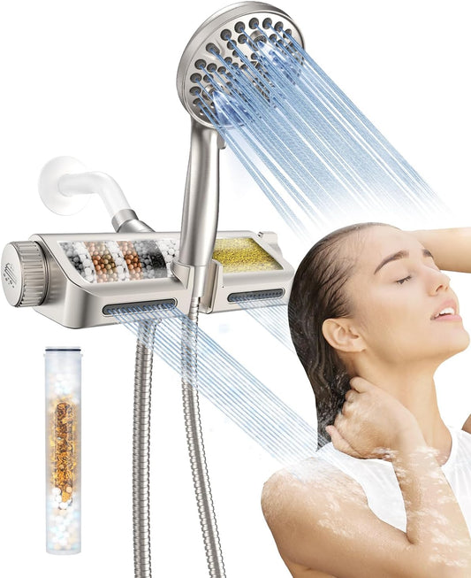 Filtered Shower Head with Handheld Combo Brushed Nickel - Dual 2-in-1 Spa System with Massage Shower Head and 10 Modes Hand Held Shower Head, High Pressure, Buit in Power Wash Mode