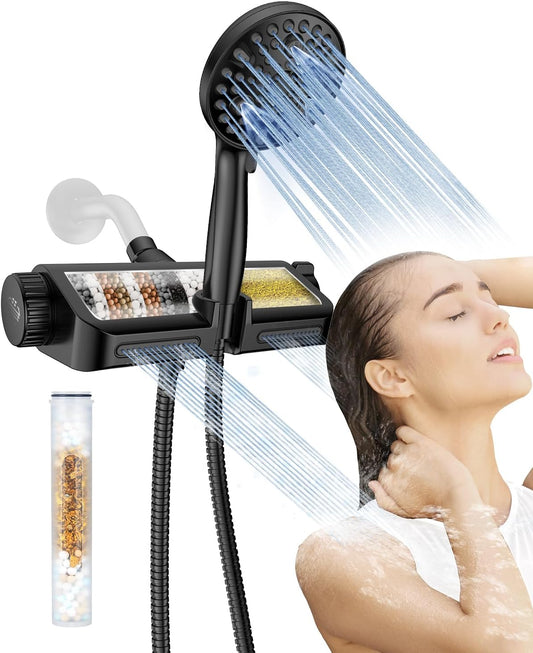 Filtered Shower Head with Handheld Combo Matte Black - Dual 2-in-1 Spa System with Massage Shower Head and 10 Modes Hand Held Shower Head, High Pressure, Built in Power Wash Mode